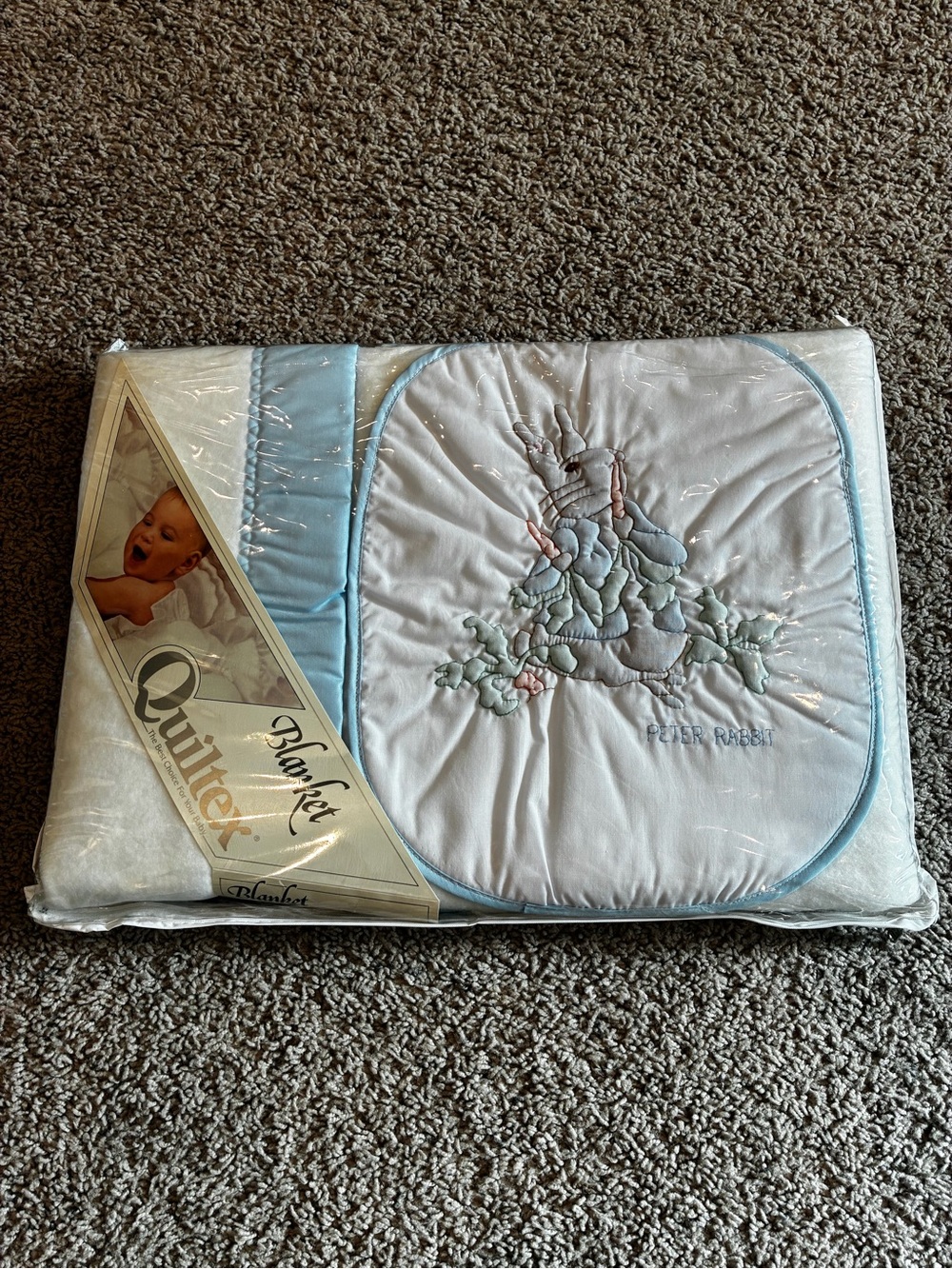 Vintage Quiltex Brand Peter Rabbit Baby Blanket - White with Light Blue Trim
